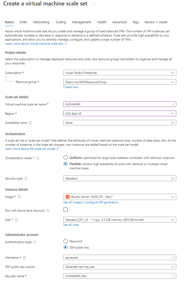 A screenshot of the Basics tab in the Azure portal during the Virtual Machine Scale Set creation process.