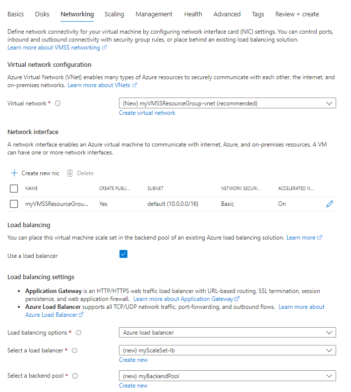 A screenshot of the Networking tab in the Azure portal during the Virtual Machine Scale Set creation process.