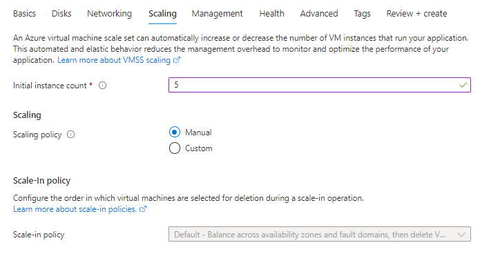 A screenshot of the Scaling tab in the Azure portal during the Virtual Machine Scale Set creation process.