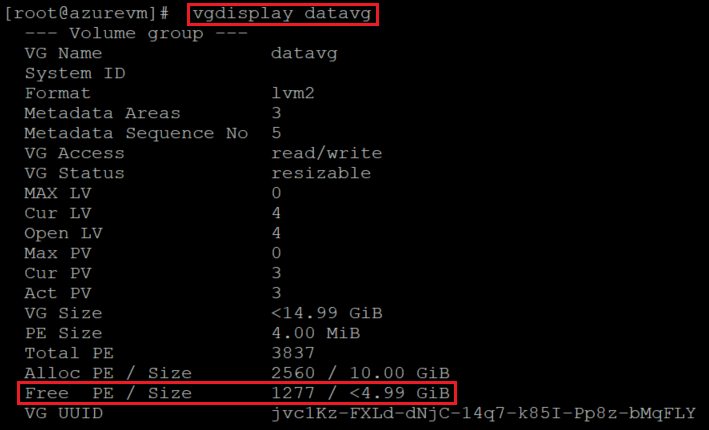 Screenshot showing the V G display code that checks for space on the VG. The command and the result are highlighted.