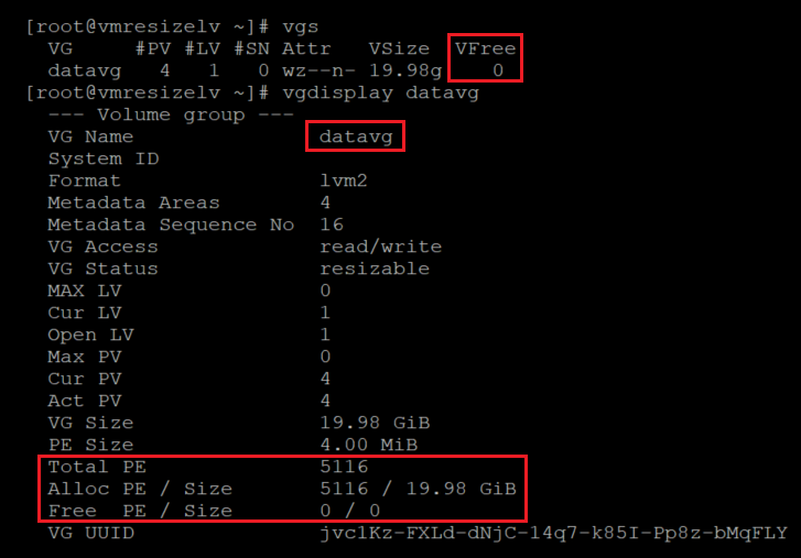 Screenshot showing the code that checks information about the volume group. The results are highlighted.