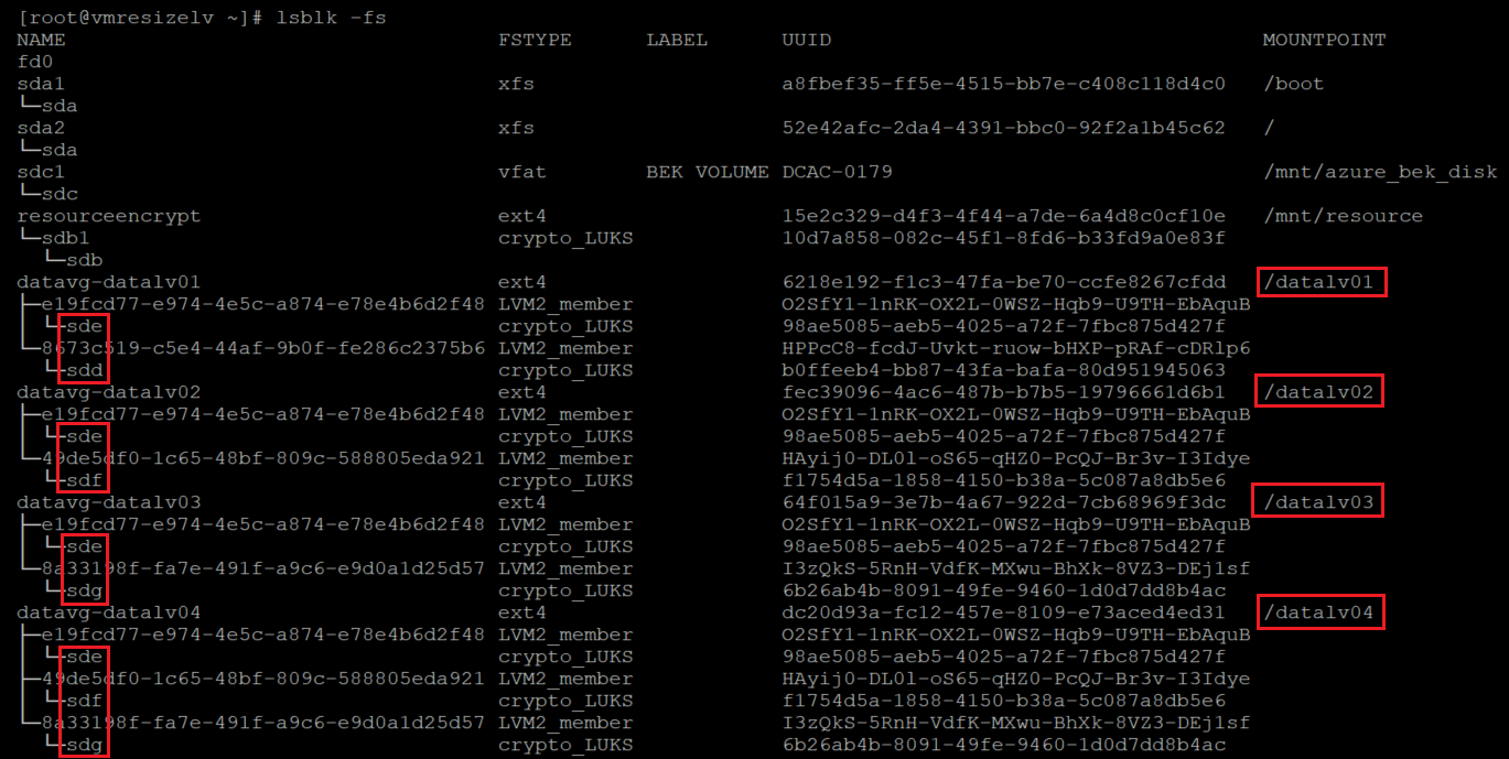 Screenshot showing alternative code that verifies that the LVM layer is on top of the encrypted layer. The result is highlighted.