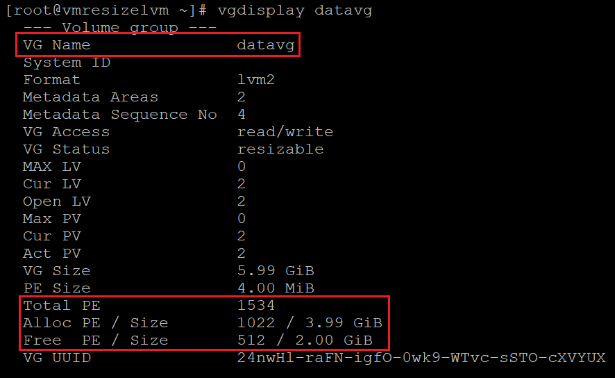 Screenshot showing the code that checks information for the volume group. The results are highlighted.