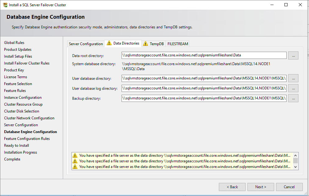Use file share as SQL data directories