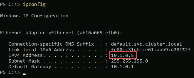 Screenshot of ipconfig output in PowerShell prompt of test container.