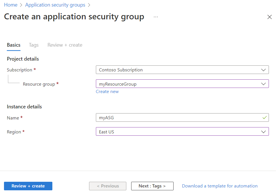 Screenshot of create an application security group in Azure portal.