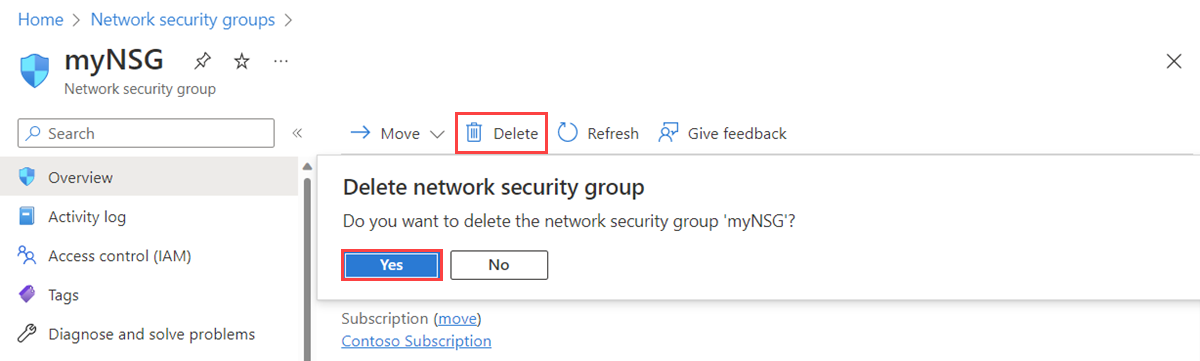 Screenshot of delete a network security group in Azure portal.