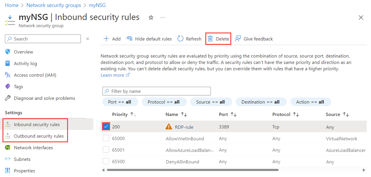Screenshot of delete of an inbound security rule of a network security group in Azure portal.