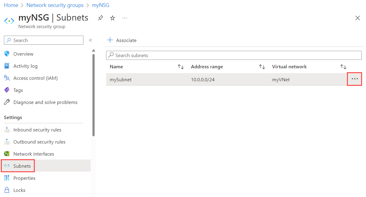 Screenshot of dissociate a network security group from a subnet in Azure portal.