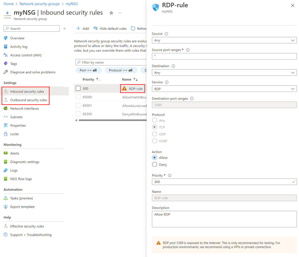 Screenshot of details of an inbound security rule of a network security group in Azure portal.