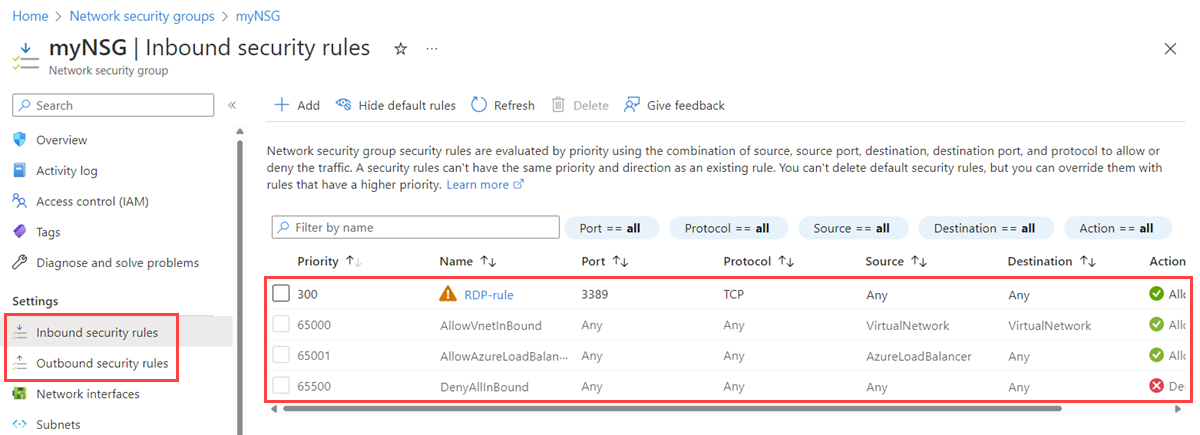 Screenshot of inbound security rules of a network security group in Azure portal.