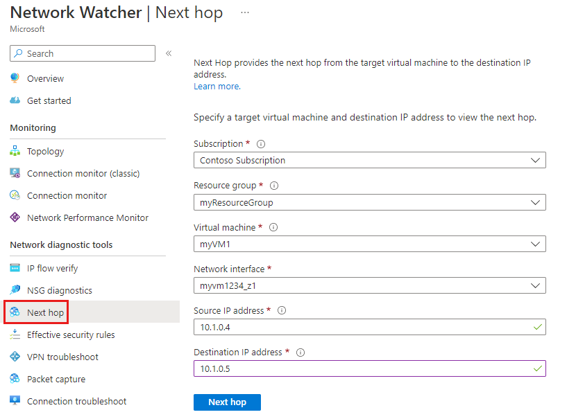 Screenshot of next hop in Network Watcher.