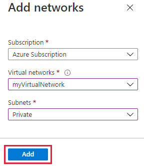 Screenshot of add virtual network to storage account page.