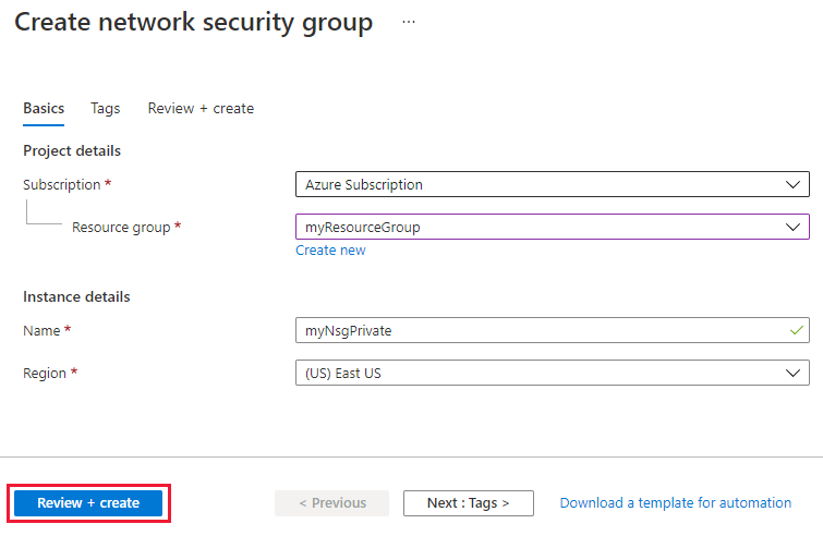 Screenshot of create an network security group page.