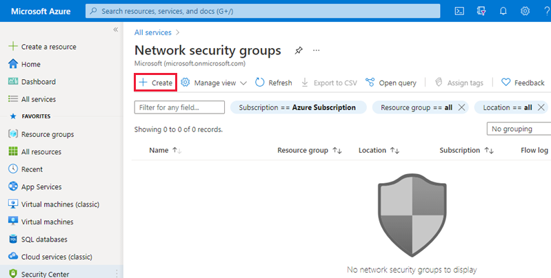 Screenshot of network security groups landing page.