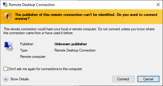 Screenshot of connection screen for private virtual machine.