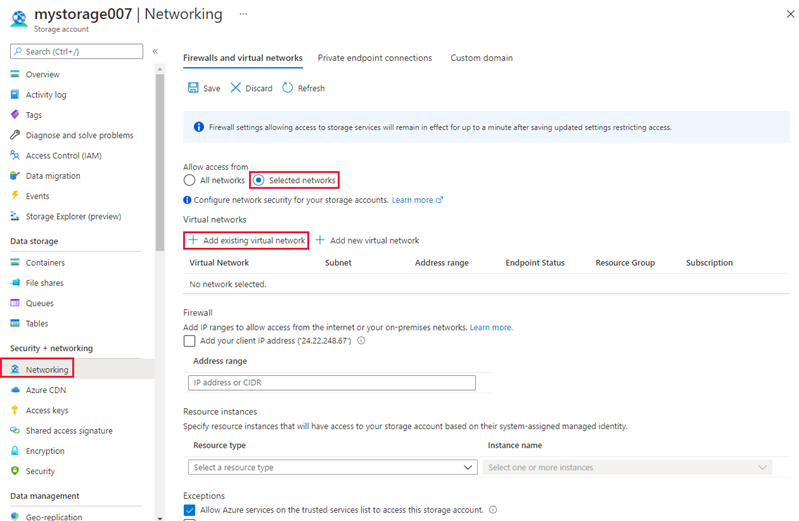 Screenshot of storage account networking settings page.