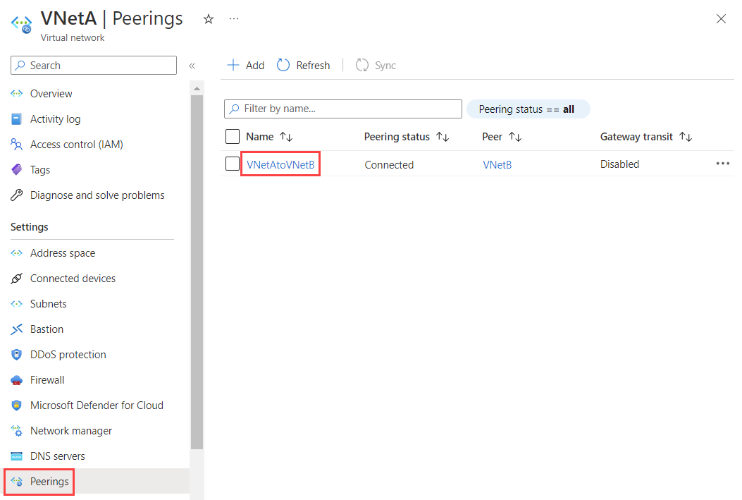 Screenshot of select a peering to delete from the virtual network.