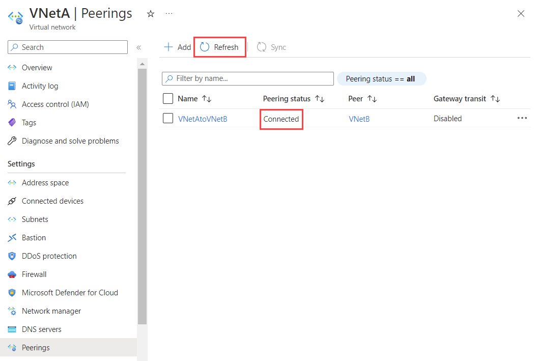 Screenshot of virtual network peering status on peerings page.