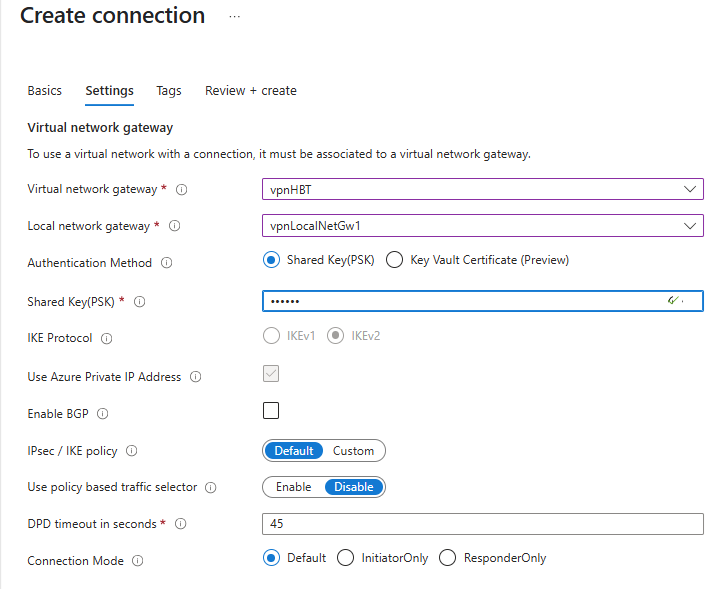 Screenshot showing VPN Connection 1 configuration.
