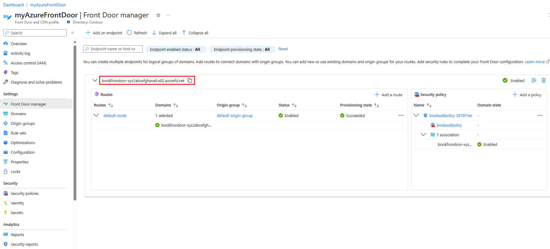 A screenshot showing the AFD endpoint selected.
