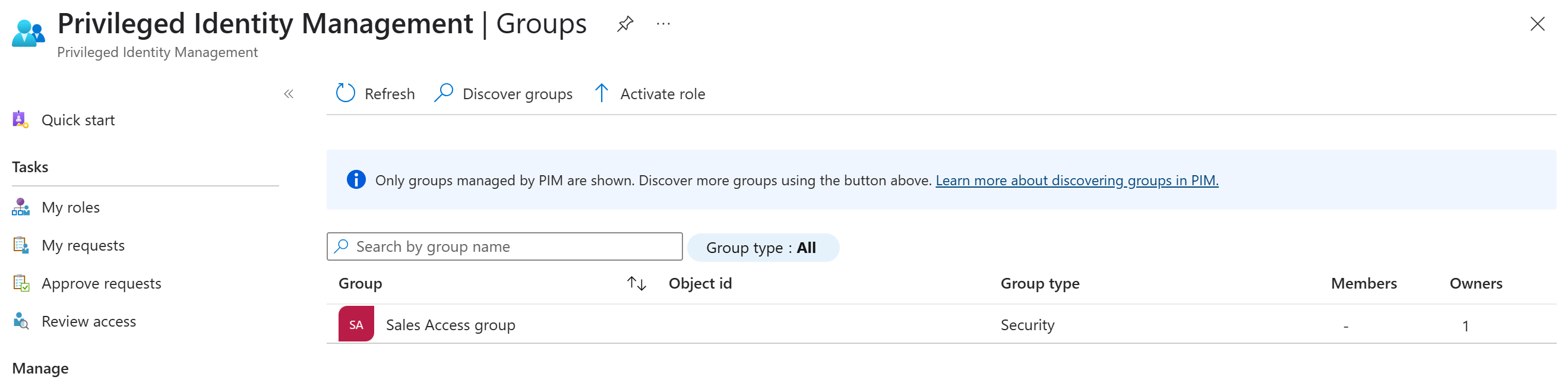 PIM 列表管理的组的屏幕截图。