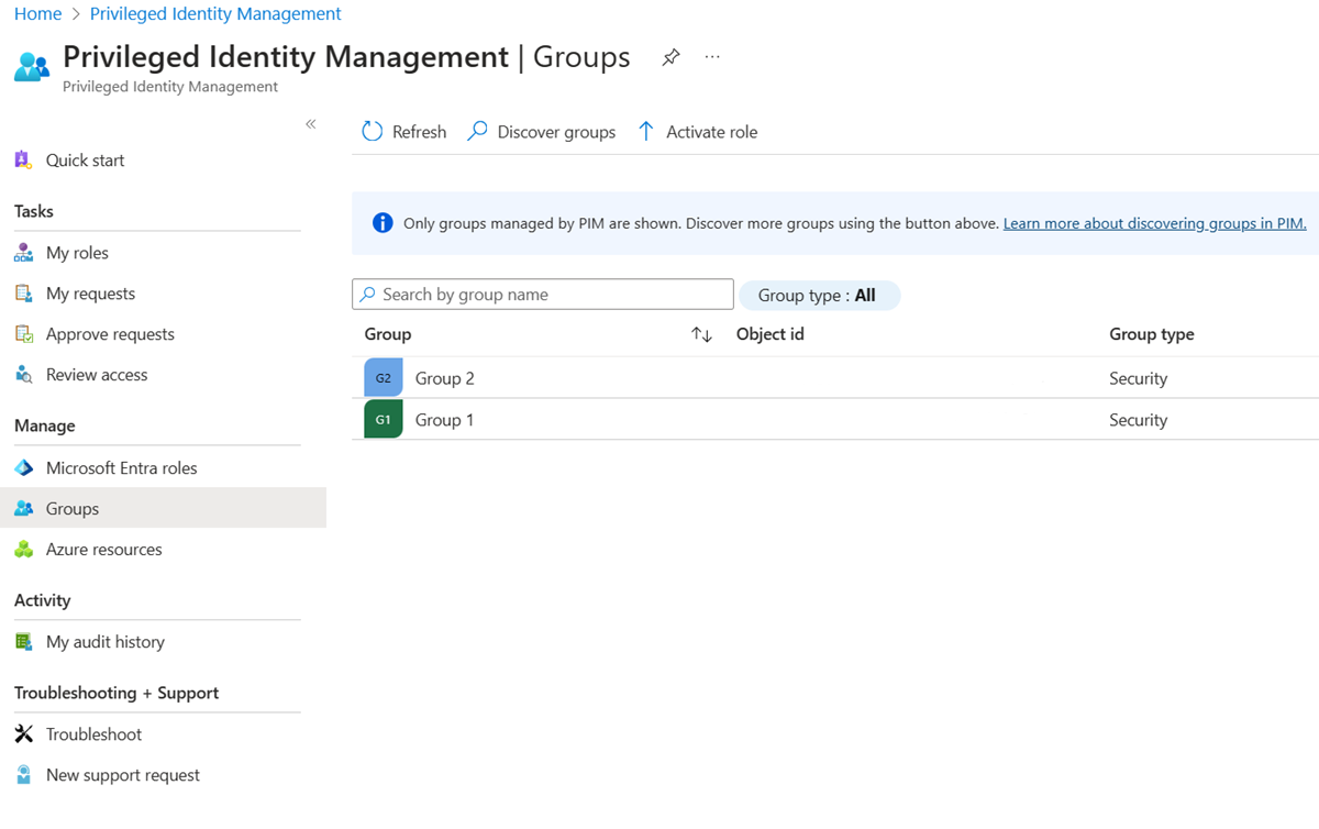 显示在何处查看已启用“适用于组的 PIM”的组的屏幕截图。
