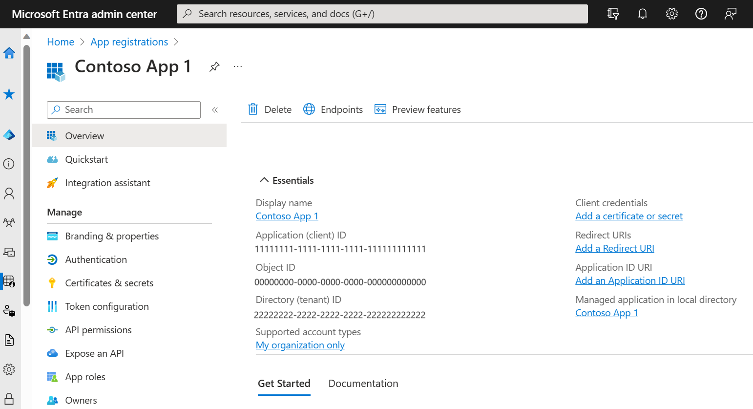 Web 浏览器中 Microsoft Entra 管理中心的屏幕截图,其中显示了应用注册的“概述”窗格。