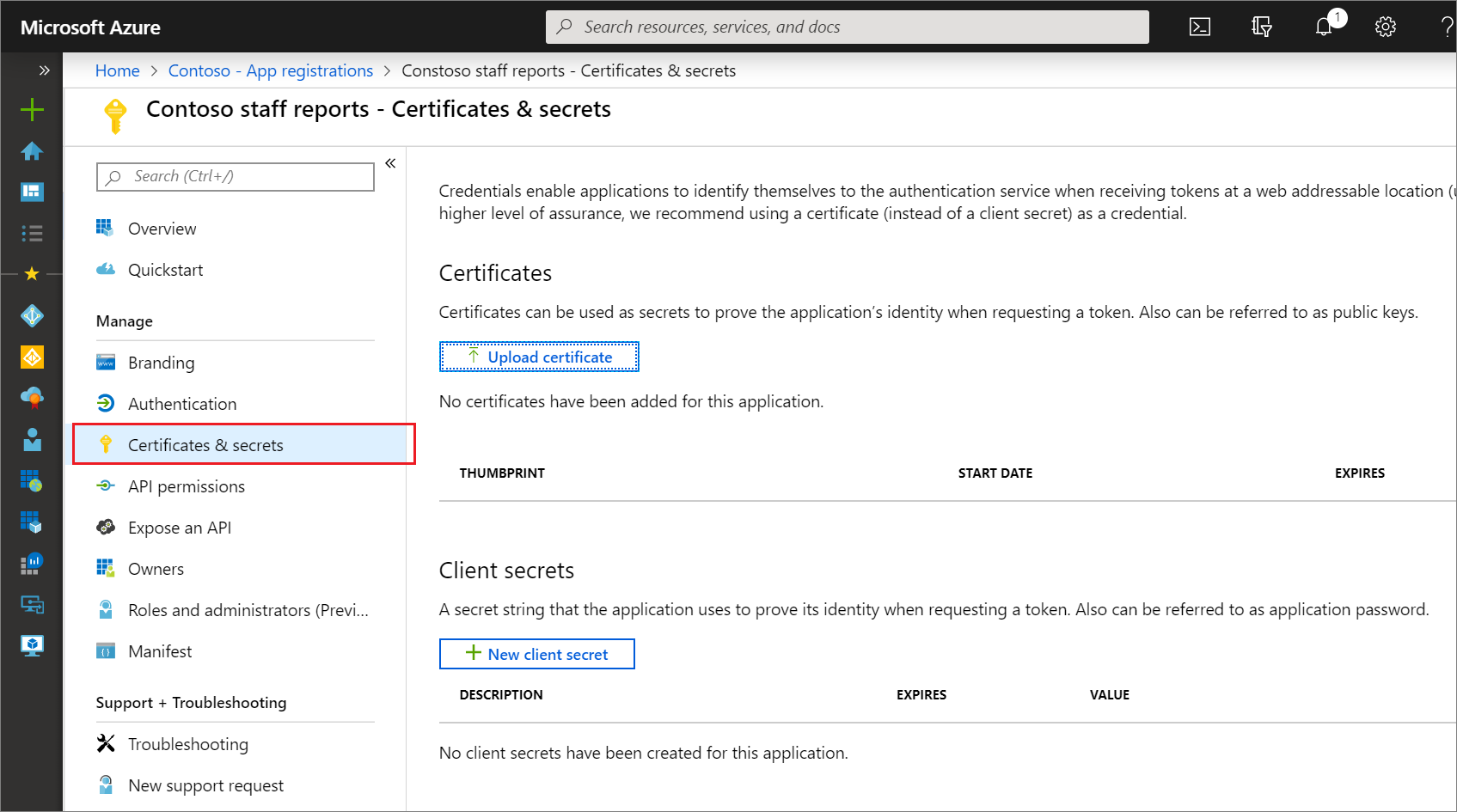 授予对应用注册证书和机密页访问权限的权限的屏幕截图。
