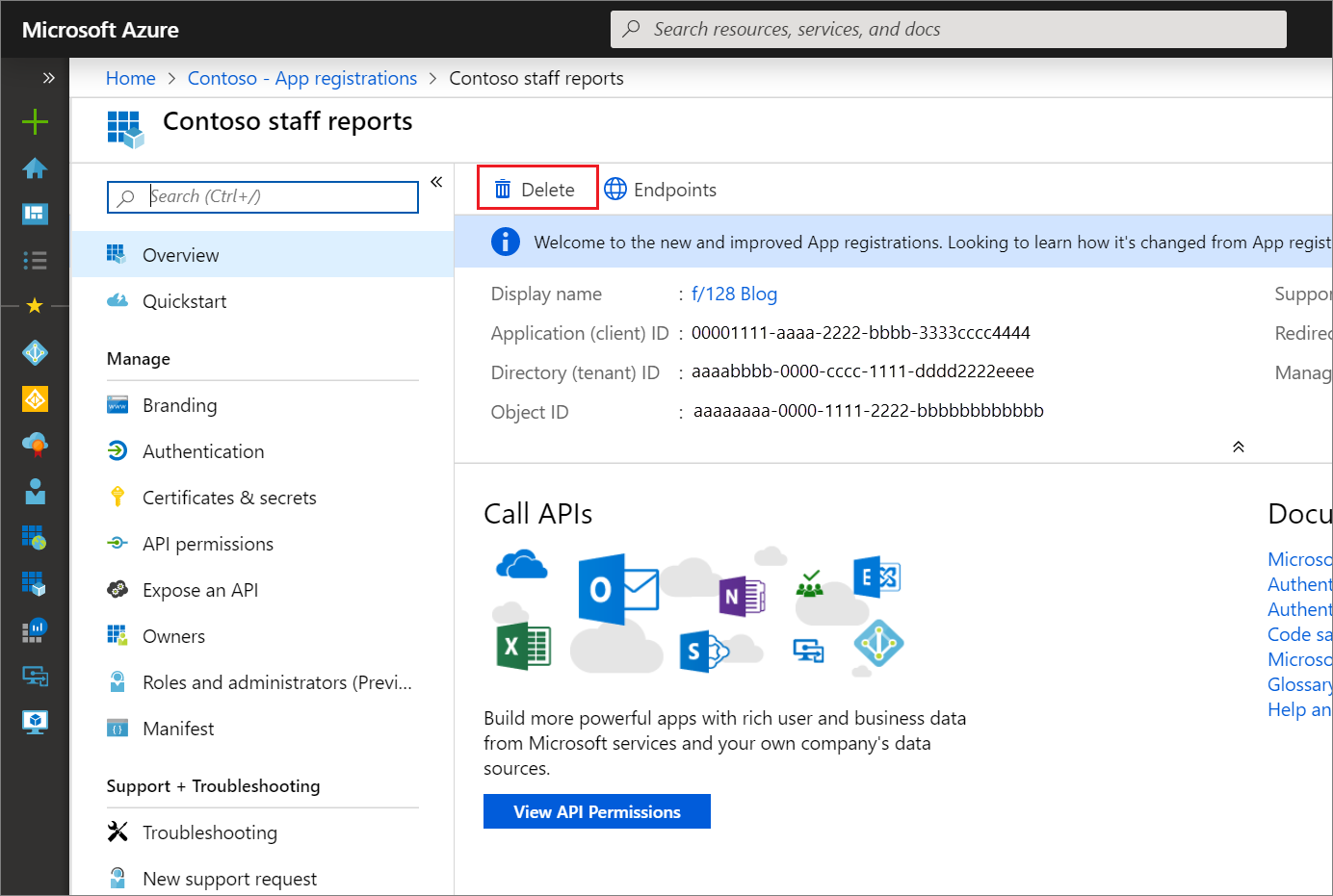 用于授予“删除应用注册”命令的访问权限的权限屏幕截图。