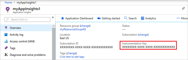 显示 Application Insights“概述”选项卡上检测密钥的屏幕截图。