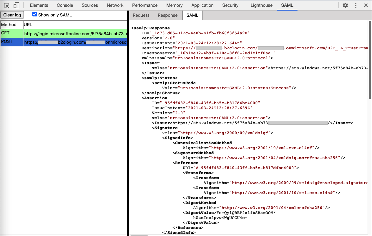 SAML 协议跟踪日志的屏幕截图。