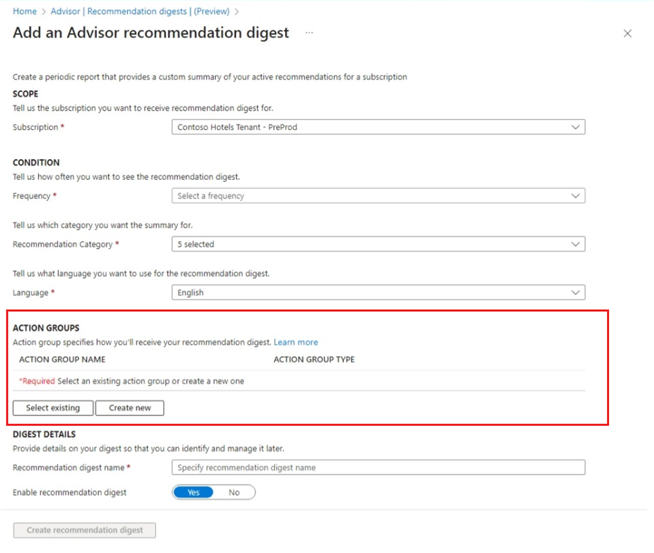 “添加顾问建议摘要”中的“操作组输入”的屏幕截图。