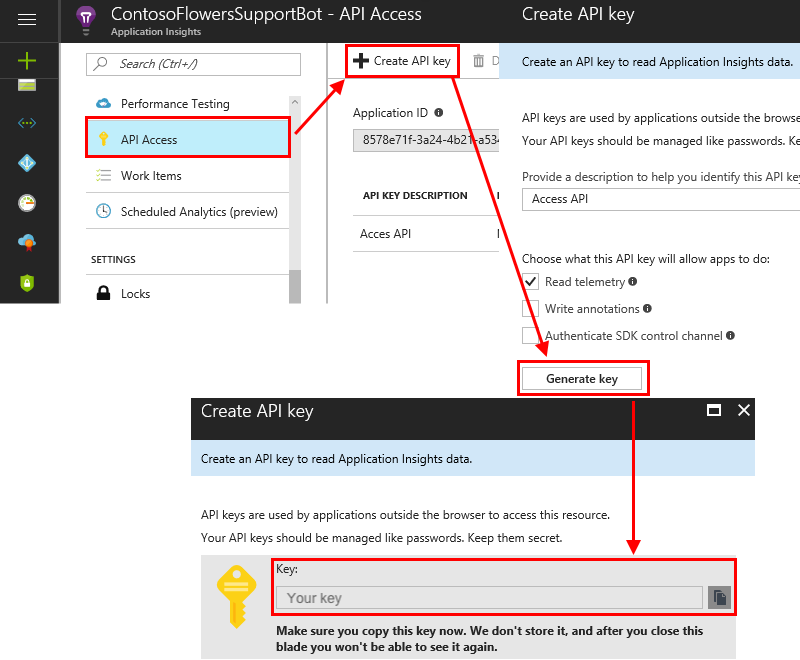 显示如何在 Azure 门户中获取 API 密钥的屏幕截图。