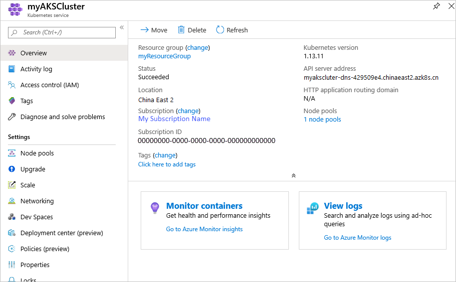 Azure 门户中的示例 AKS 仪表板