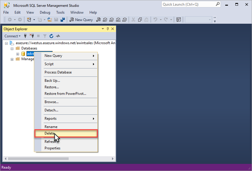 删除示例数据库的屏幕截图。