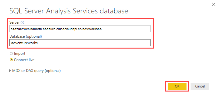 Specify servername and model database