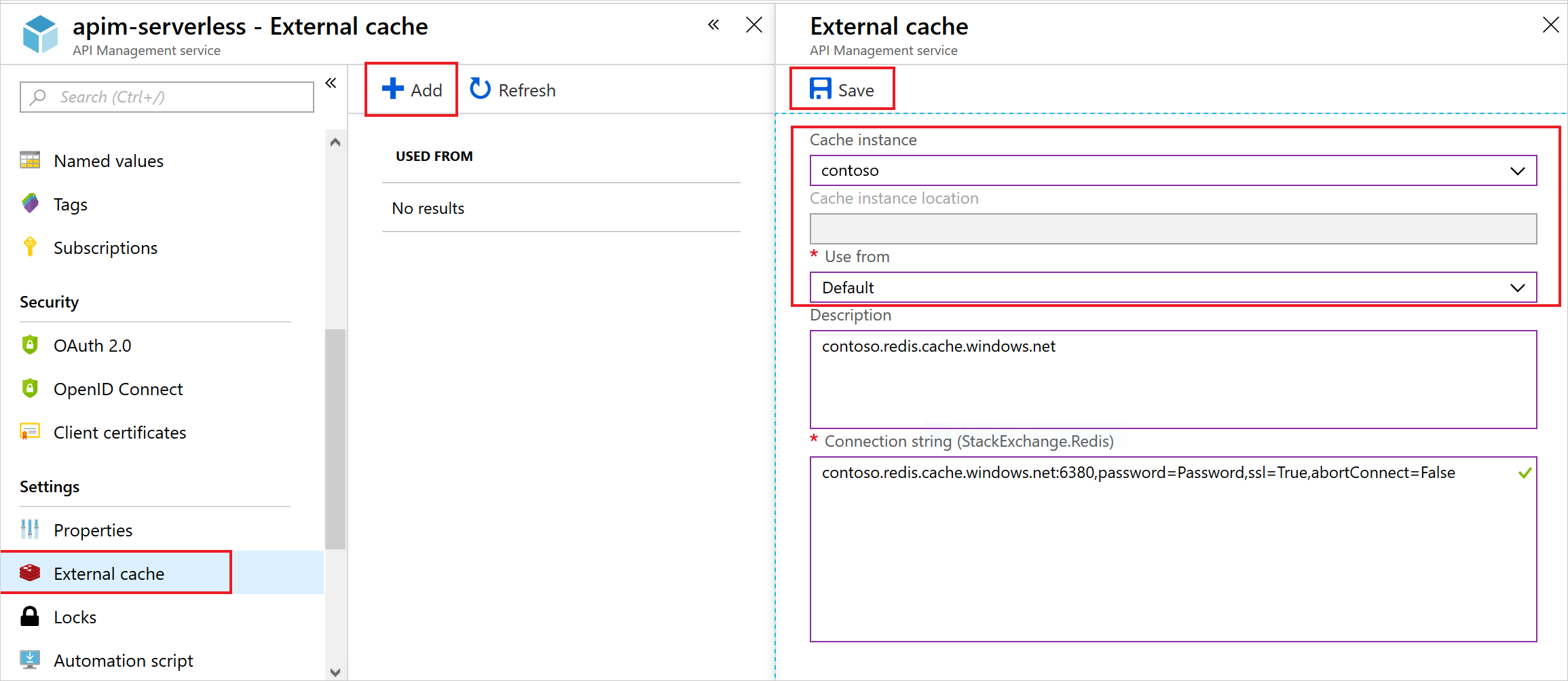 该屏幕截图显示以下步骤在 Azure API 管理中添加用于 Redis 的外部 Azure 缓存。