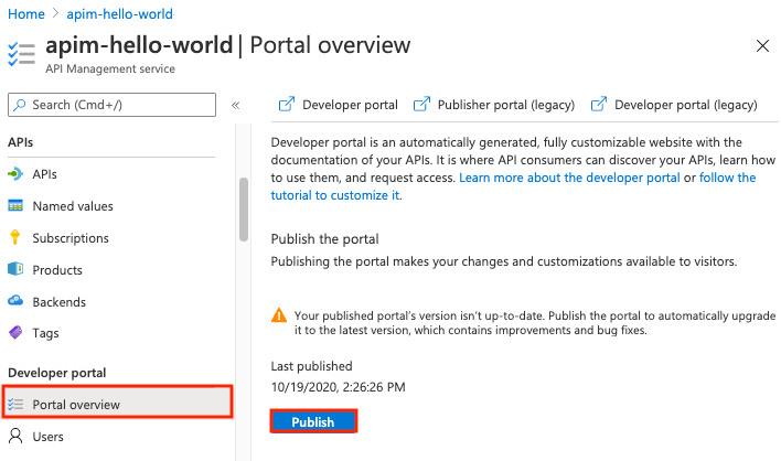 从 Azure 门户发布开发人员门户的屏幕截图