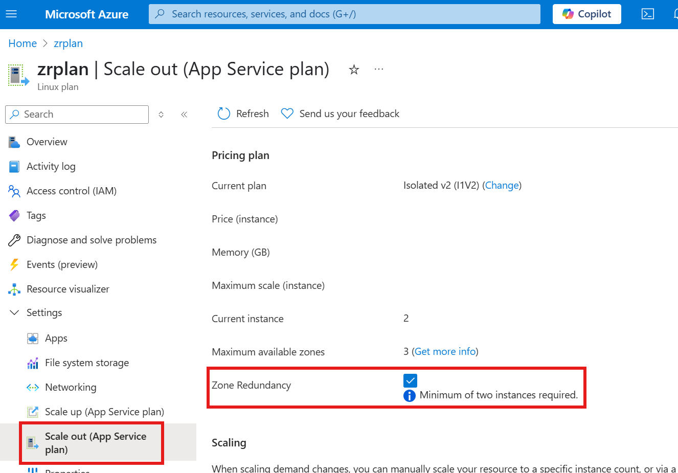 Azure 门户中应用服务计划的区域冗余属性的屏幕截图。
