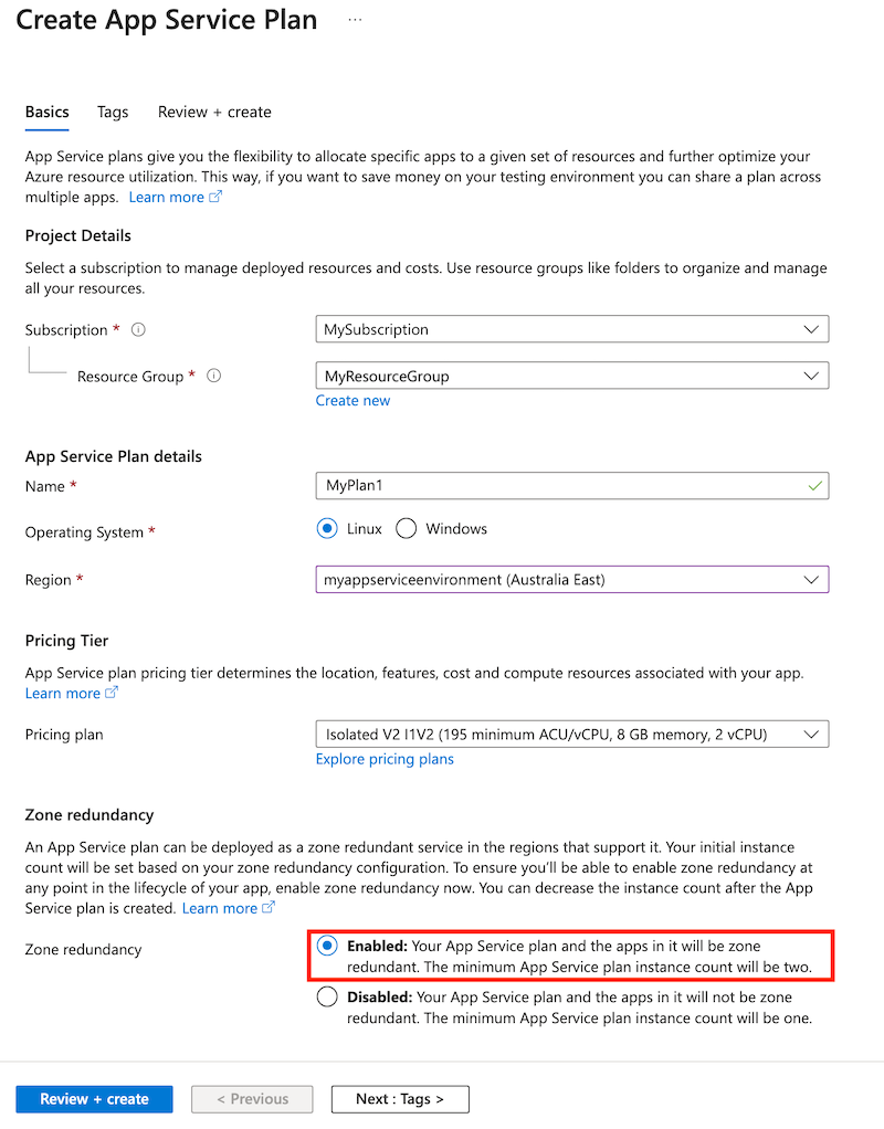 在 Azure 门户中创建新的应用服务计划时区域冗余属性的屏幕截图。