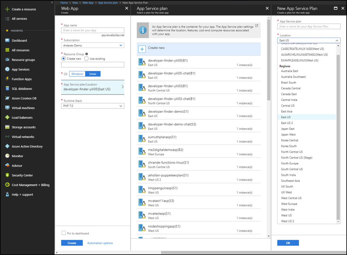 Azure 门户的屏幕截图，其中显示了“Web 应用”窗格、“应用服务计划”窗格和“新建应用服务计划”窗格。