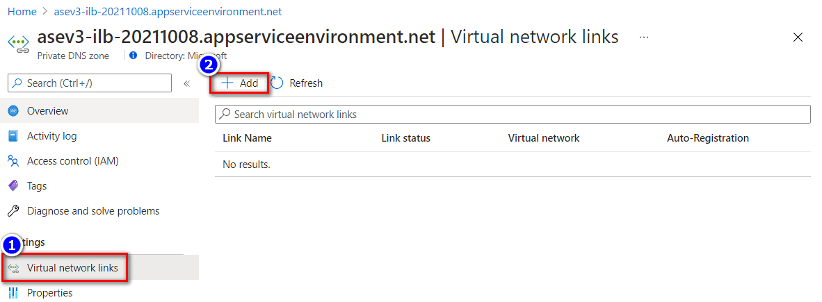 将虚拟网络链接添加到专用 DNS 区域。