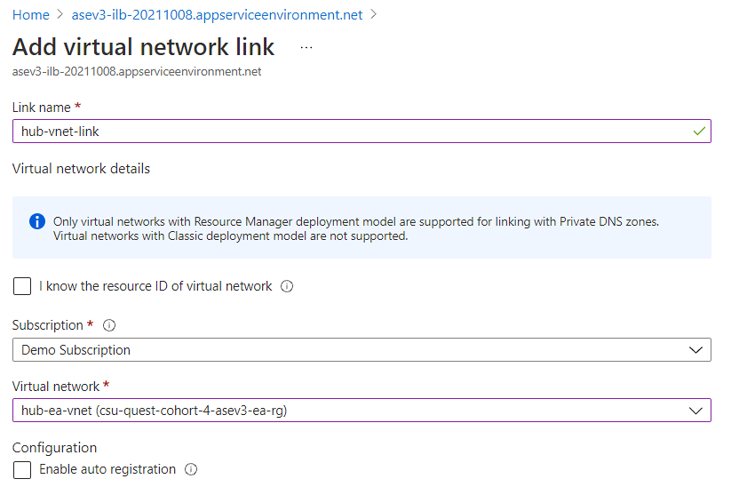 在专用 DNS 区域中输入虚拟网络链接设置的链接名称详细信息的屏幕截图。