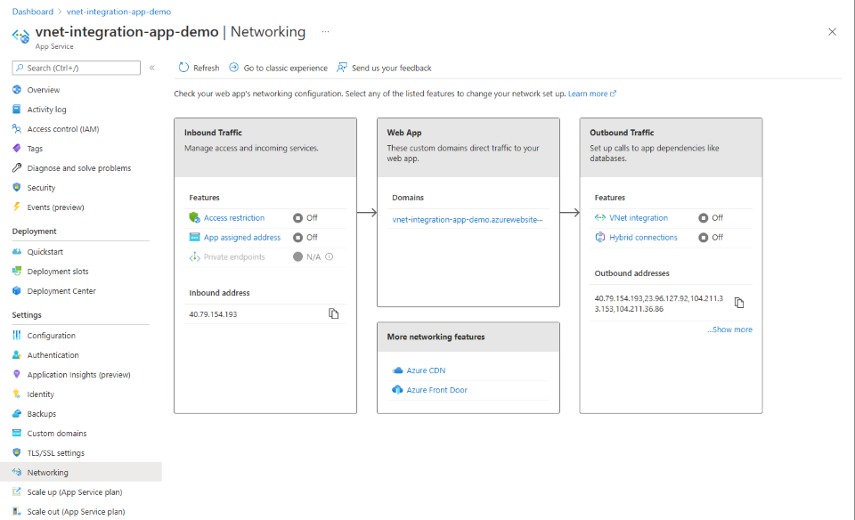 Azure 门户中的“应用服务网络选项”页的屏幕截图。