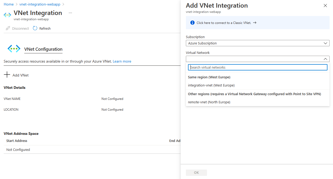 Screenshot that shows selecting the virtual network.