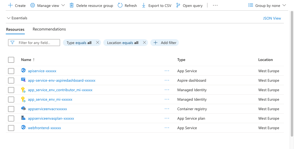 AZD 部署的 Aspire 应用的资源组视图的屏幕截图。