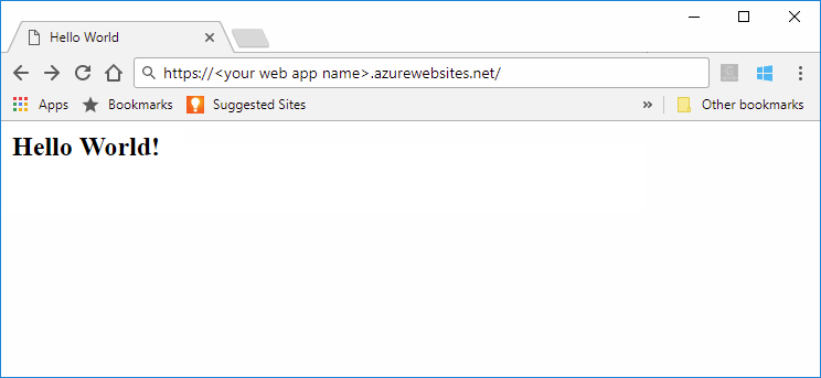 在 Azure 应用服务中运行的 Maven Hello World Web 应用的屏幕截图。