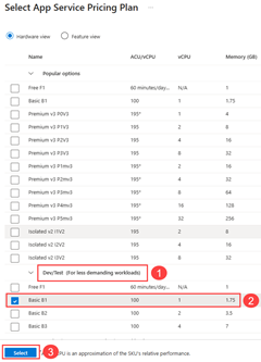 显示如何在 Azure 门户中选择基本应用服务计划的屏幕截图。