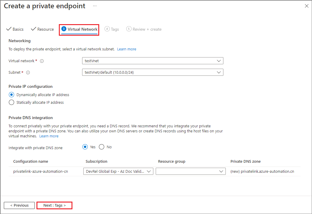 Screenshot of how to create a private endpoint in DNS tab.